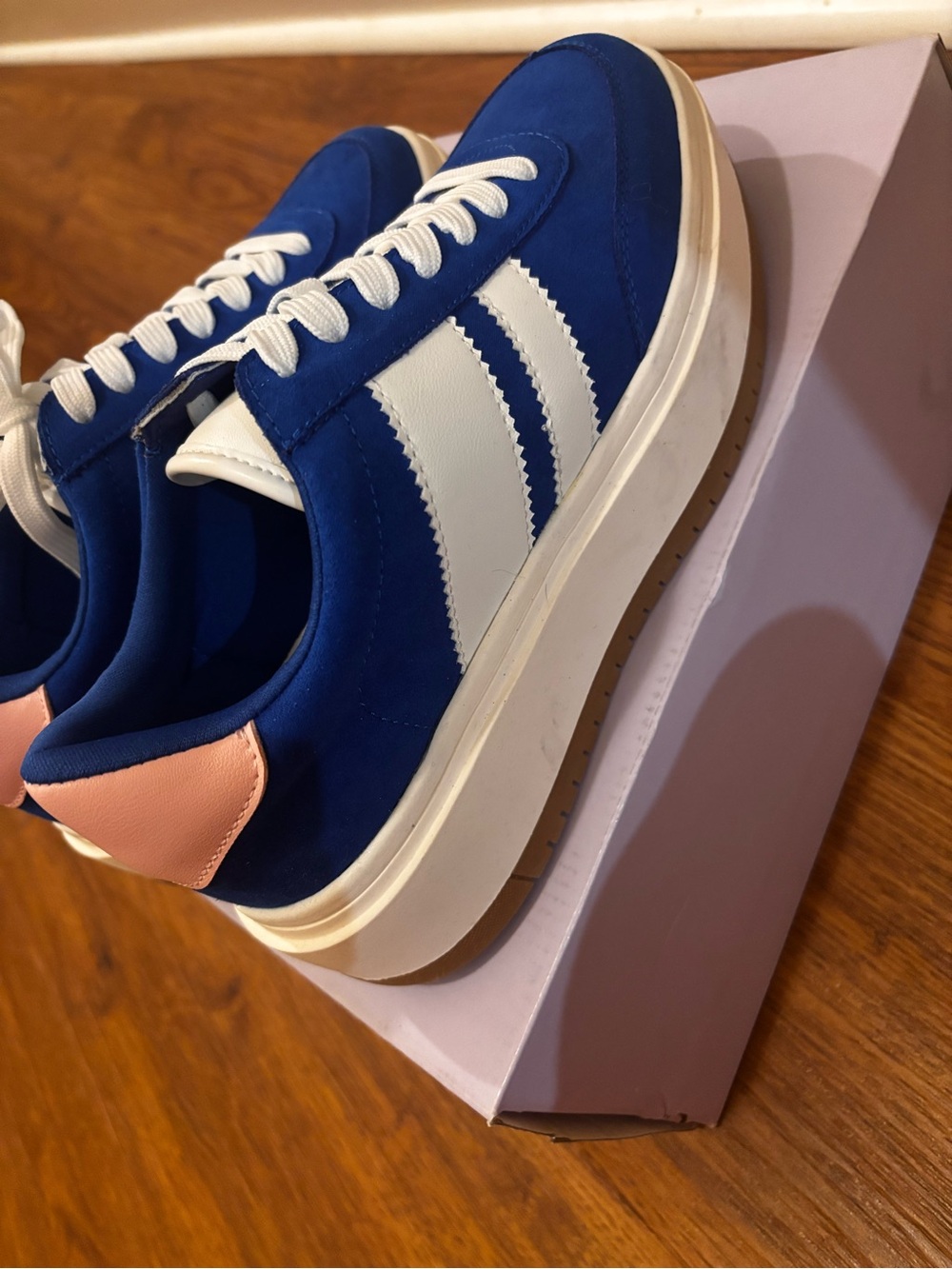 Blue Suede Platform Sneakers with White Stripes